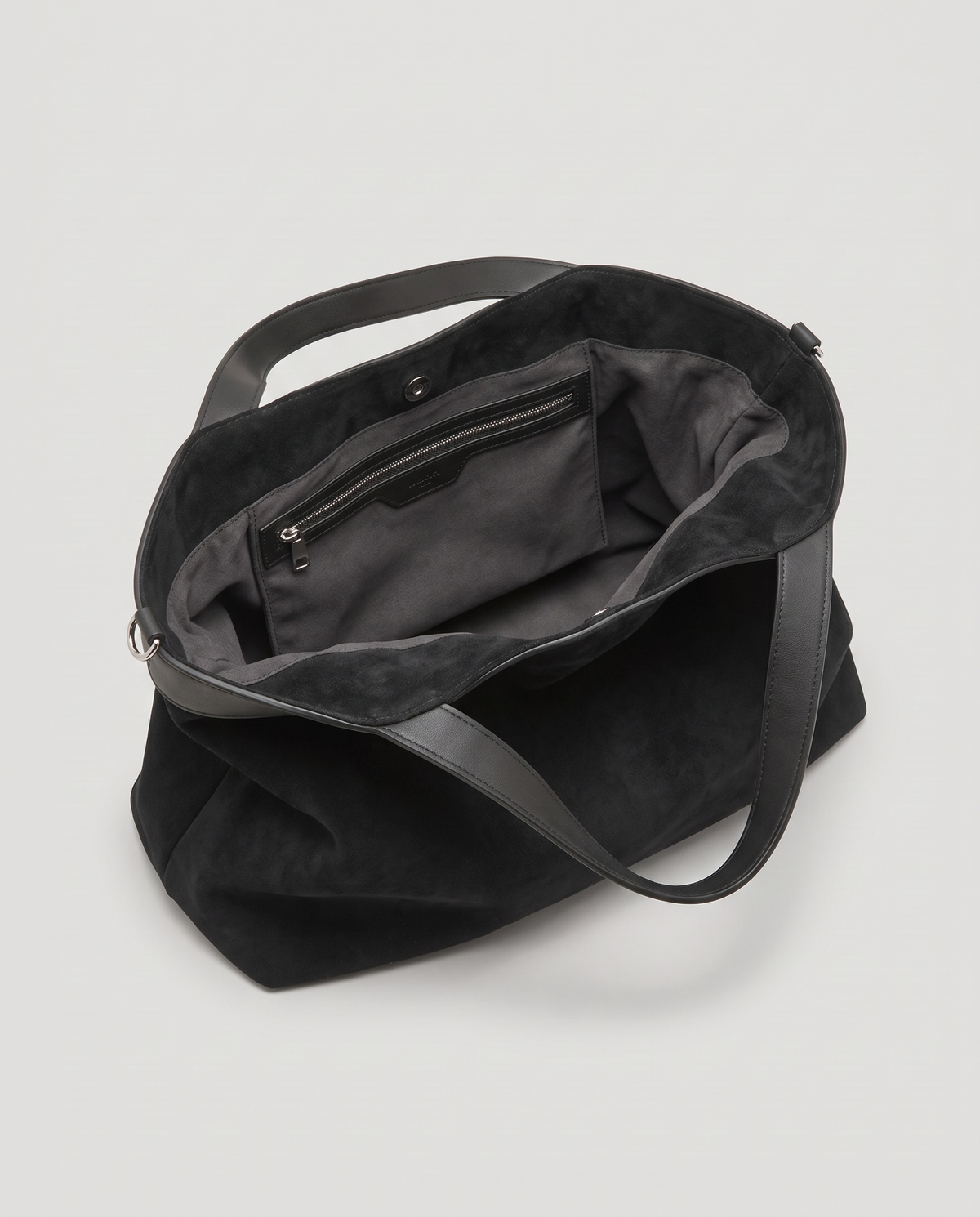 Forte suede tote in black, open showing interior