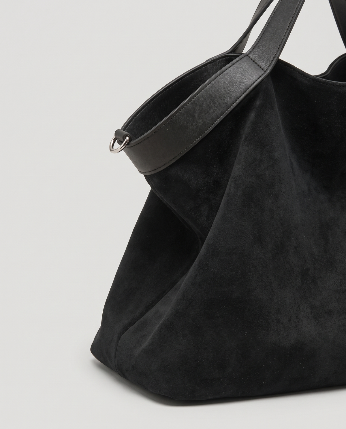 Forte suede tote in black, hardware and leather detail