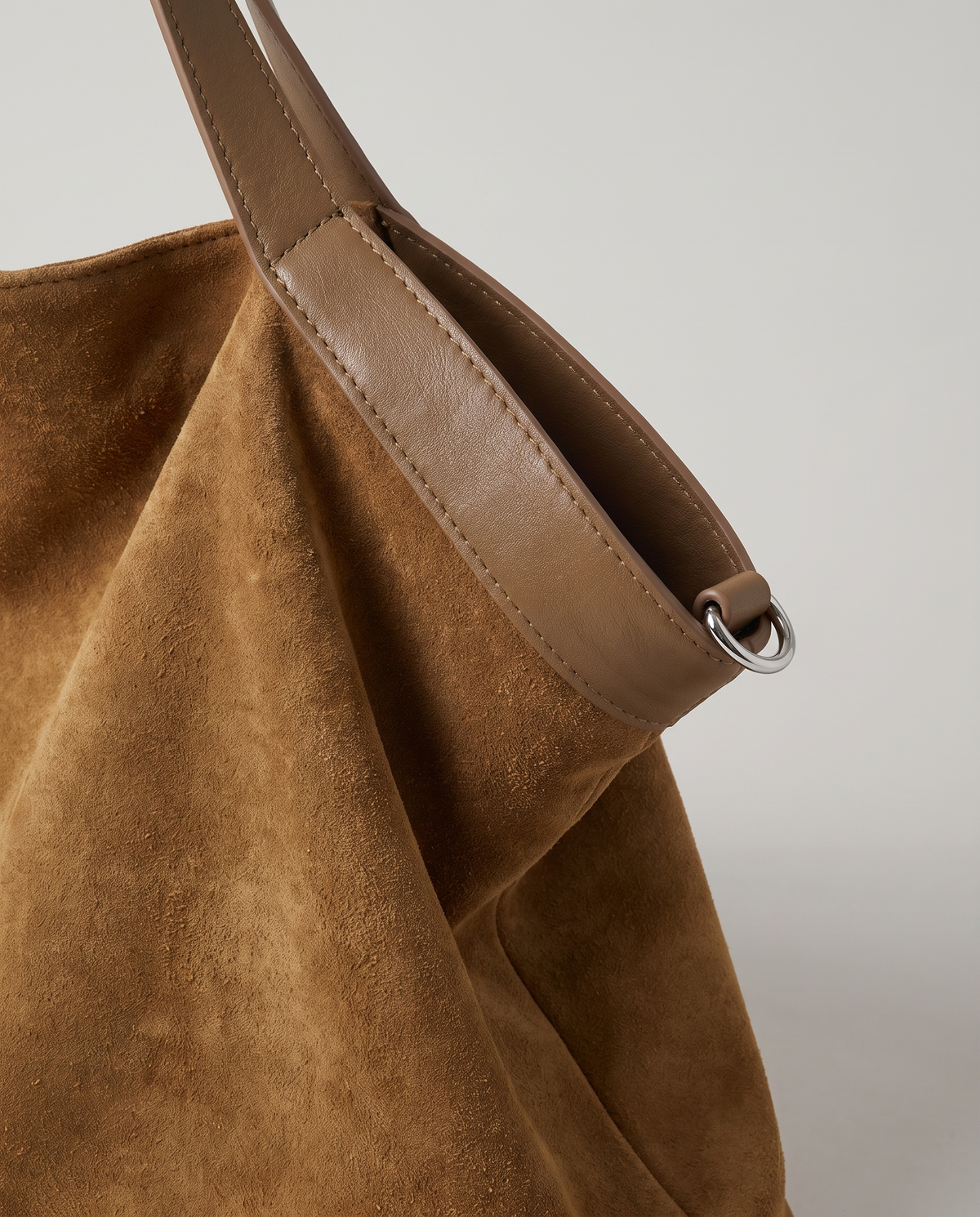 Forte suede tote in camel, hardware and leather detail