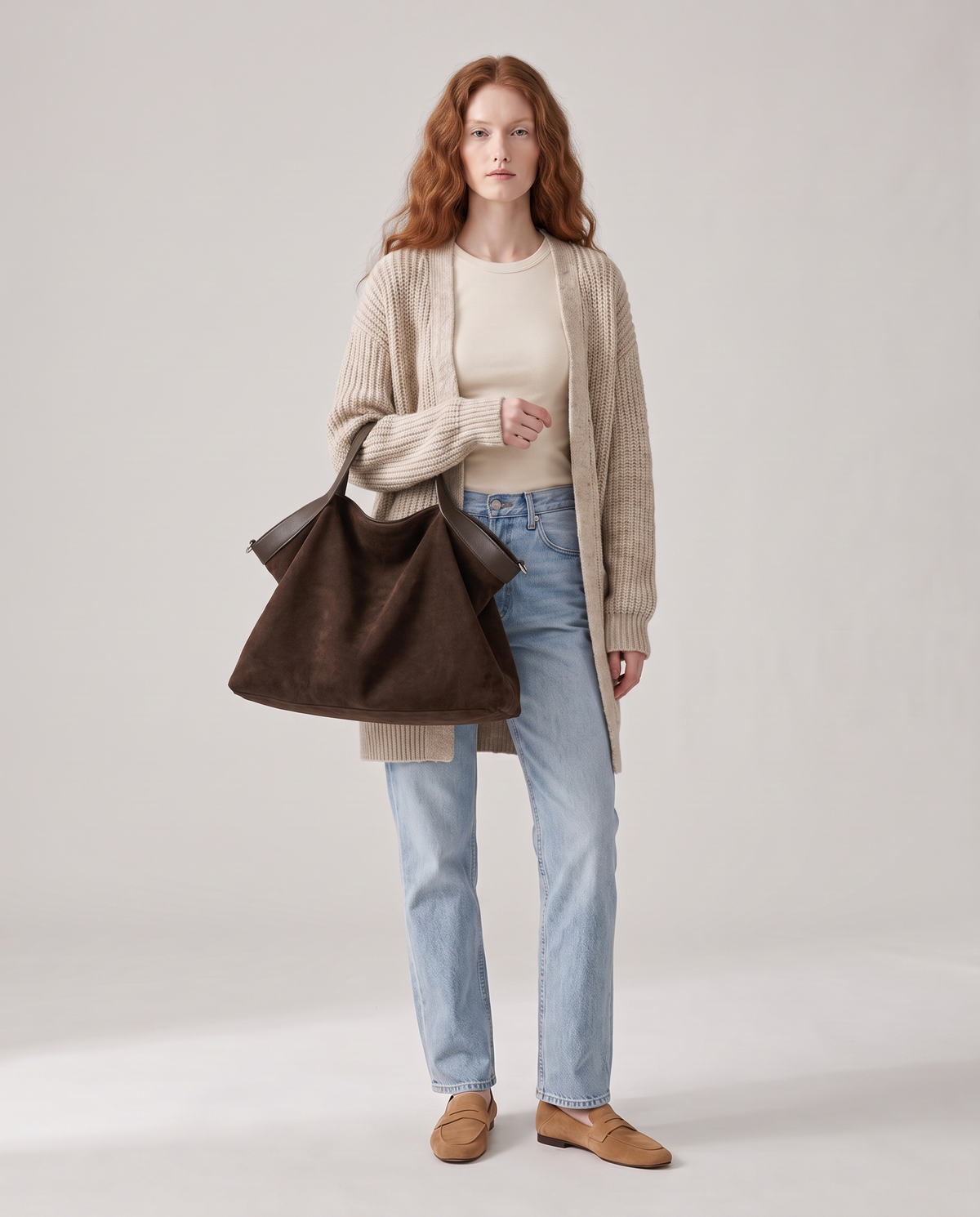 Model with the Forte suede tote in chocolate, full length