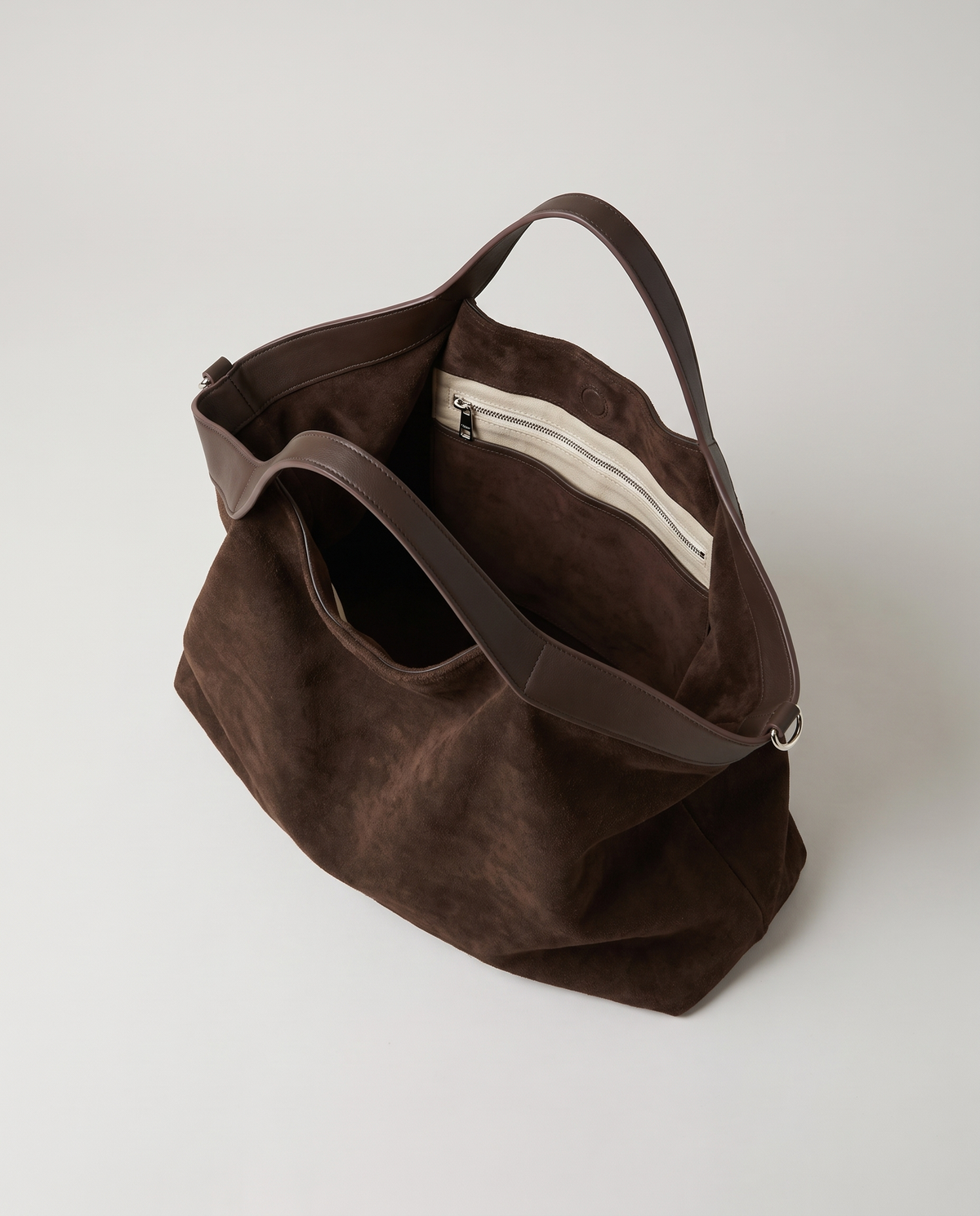 Forte suede tote in chocolate, open showing interior