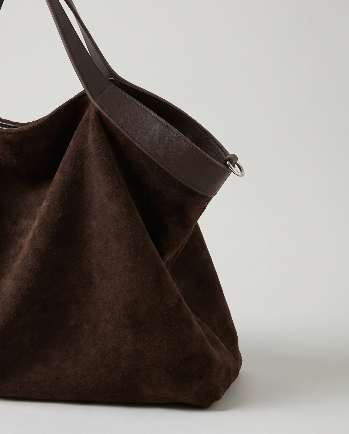 Forte suede tote in chocolate, hardware and leather detail