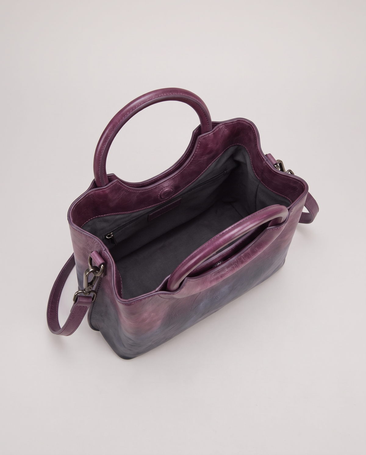 Ombra hand-painted ombré leather bag in Purple – view from above into the lined interior