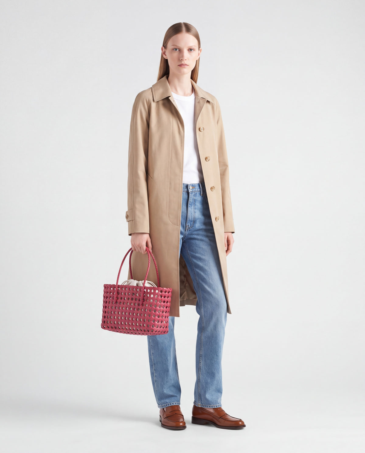 Lattice bag in Pink – worn by model, full length