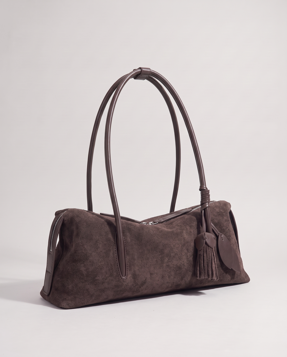 Isola suede shoulder bag in mocha, three-quarter view