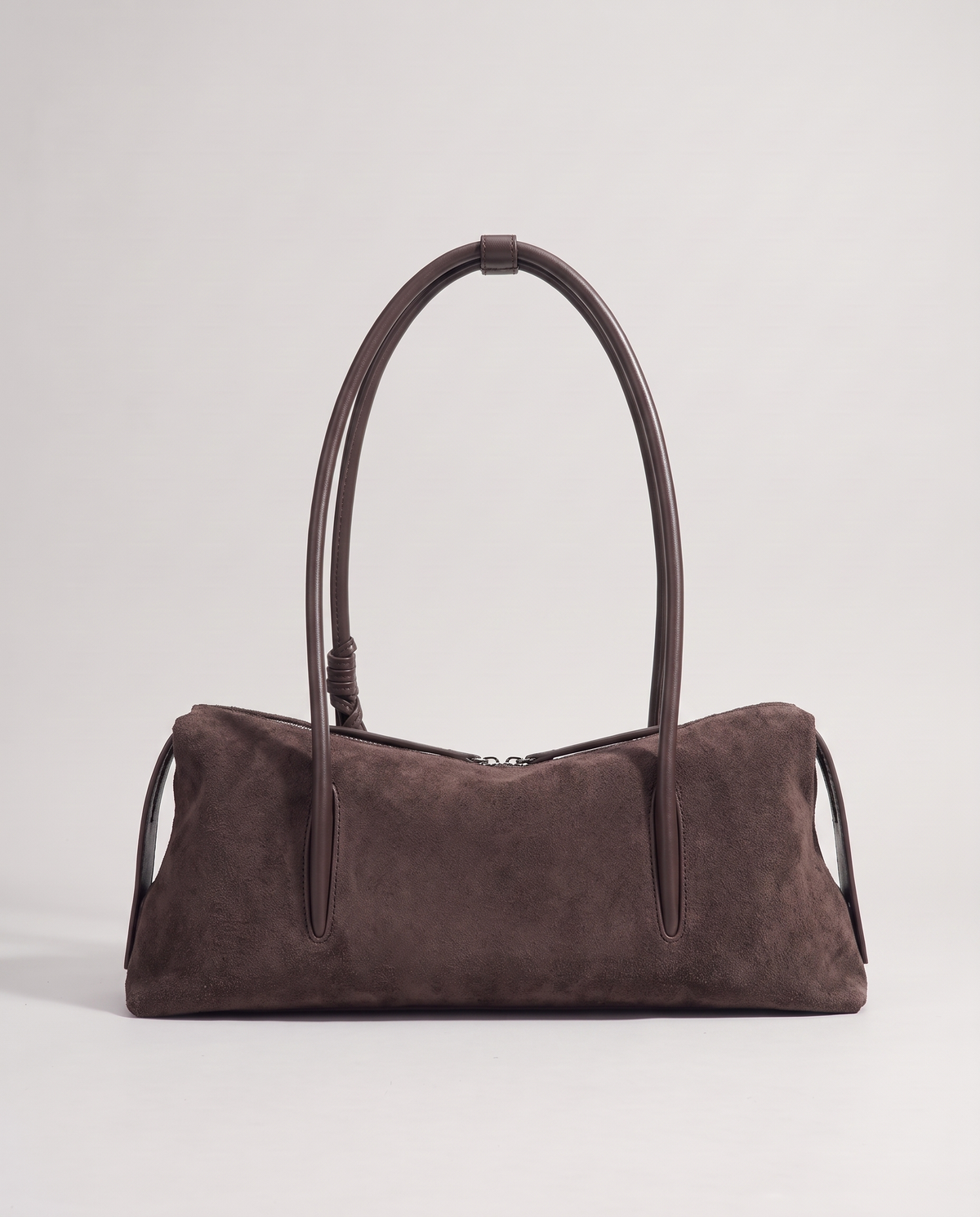 Isola suede shoulder bag in mocha, back view