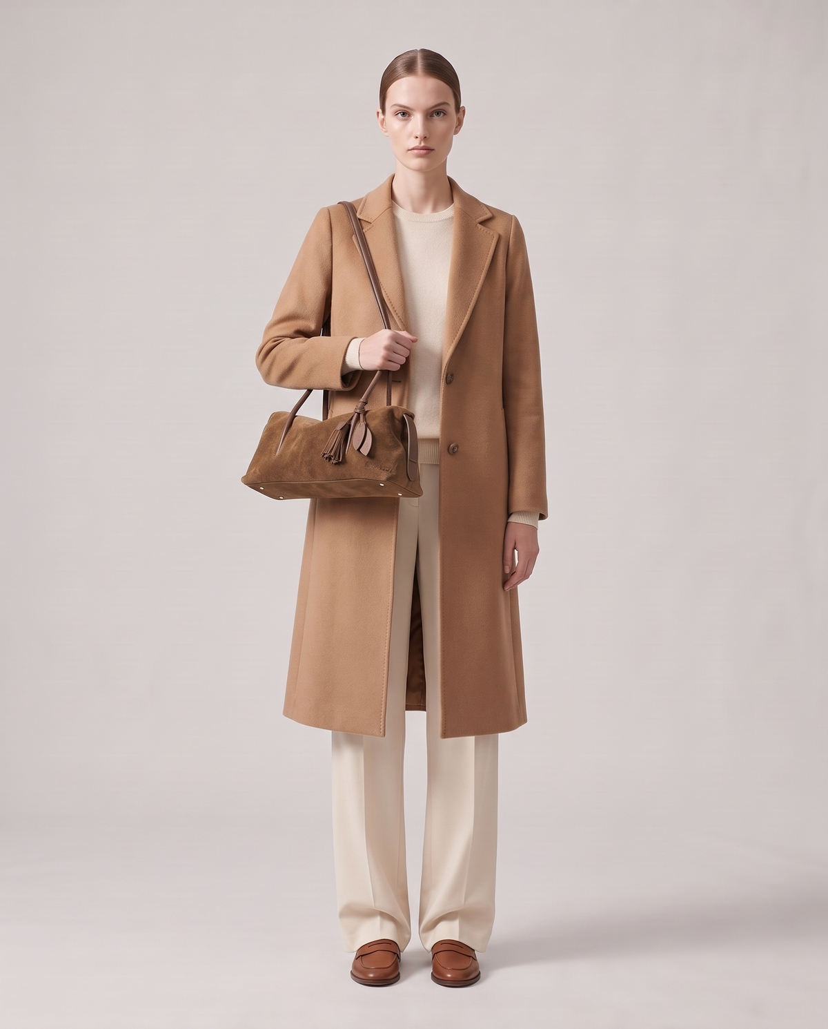 Model carrying the Isola suede shoulder bag in brown, full length