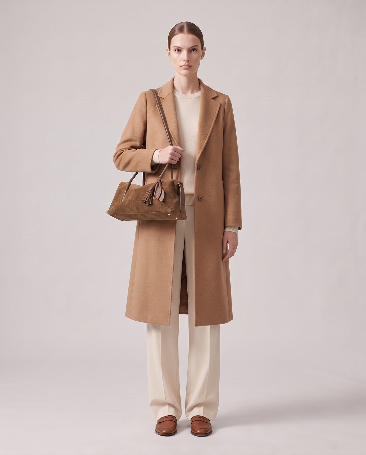 Model carrying the Isola suede shoulder bag in brown, full length