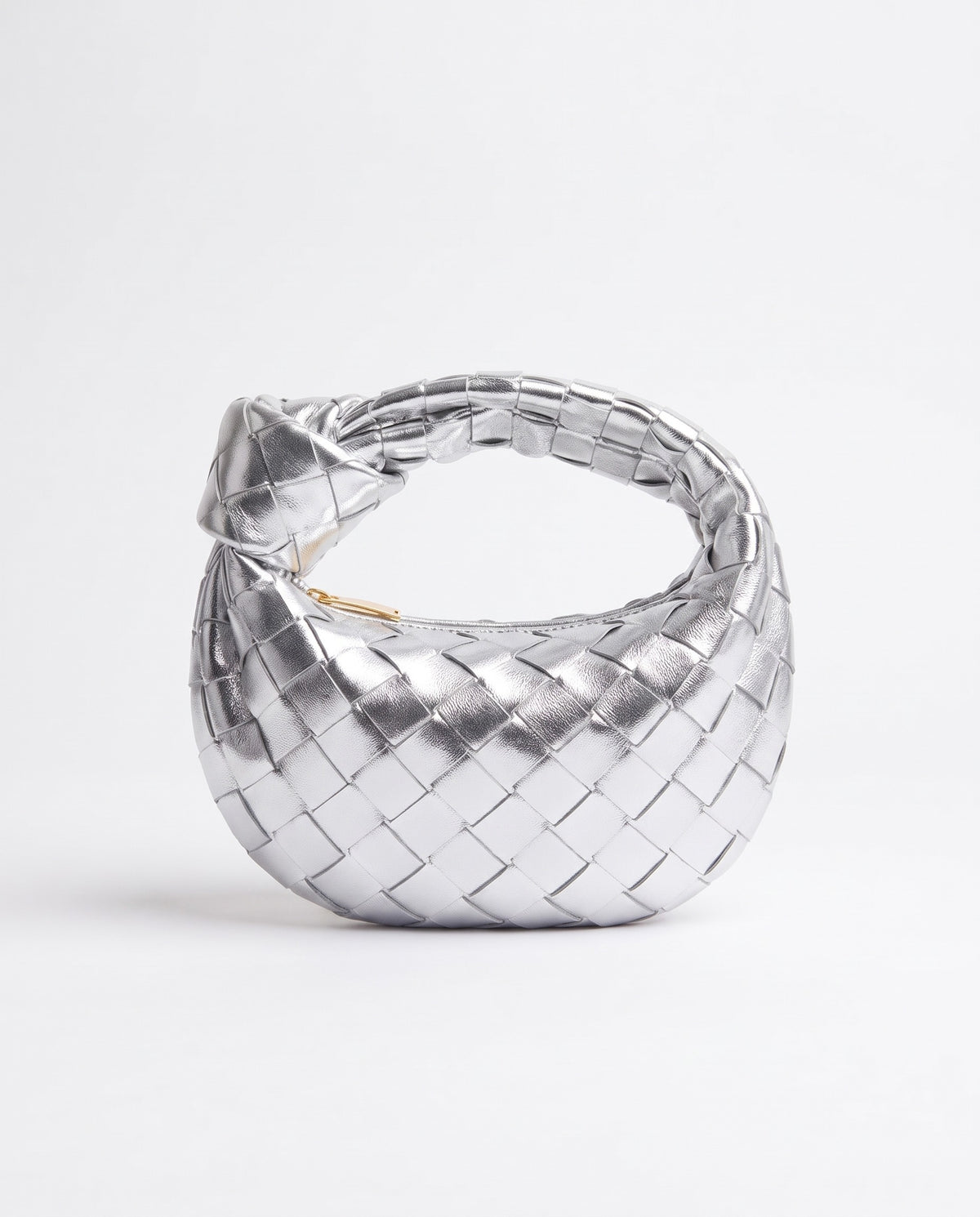 Knot Mini woven leather bag in Silver – front view