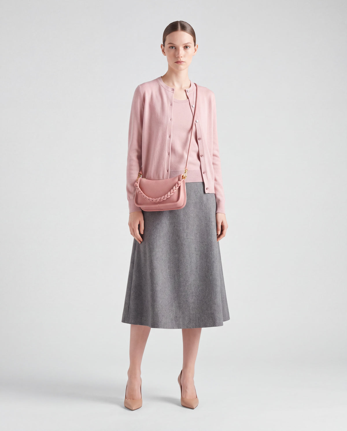 Lago bag in Blush – worn by model, full length
