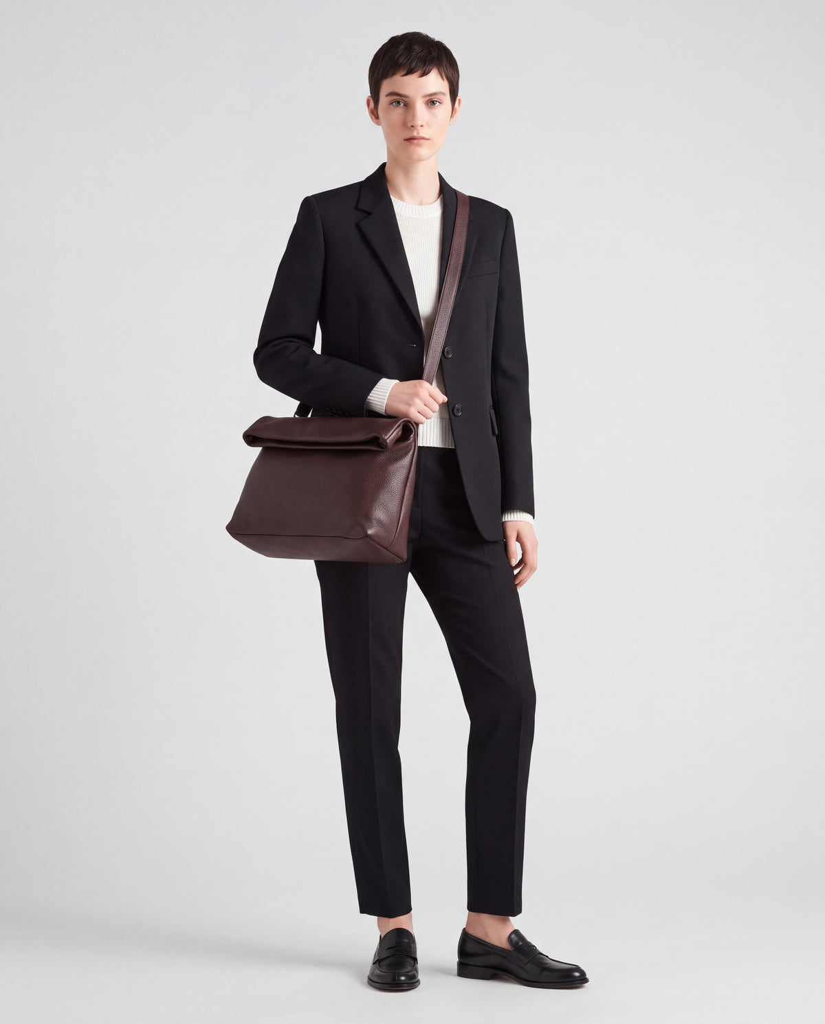 Lido bag in Chocolate – worn by model, full length