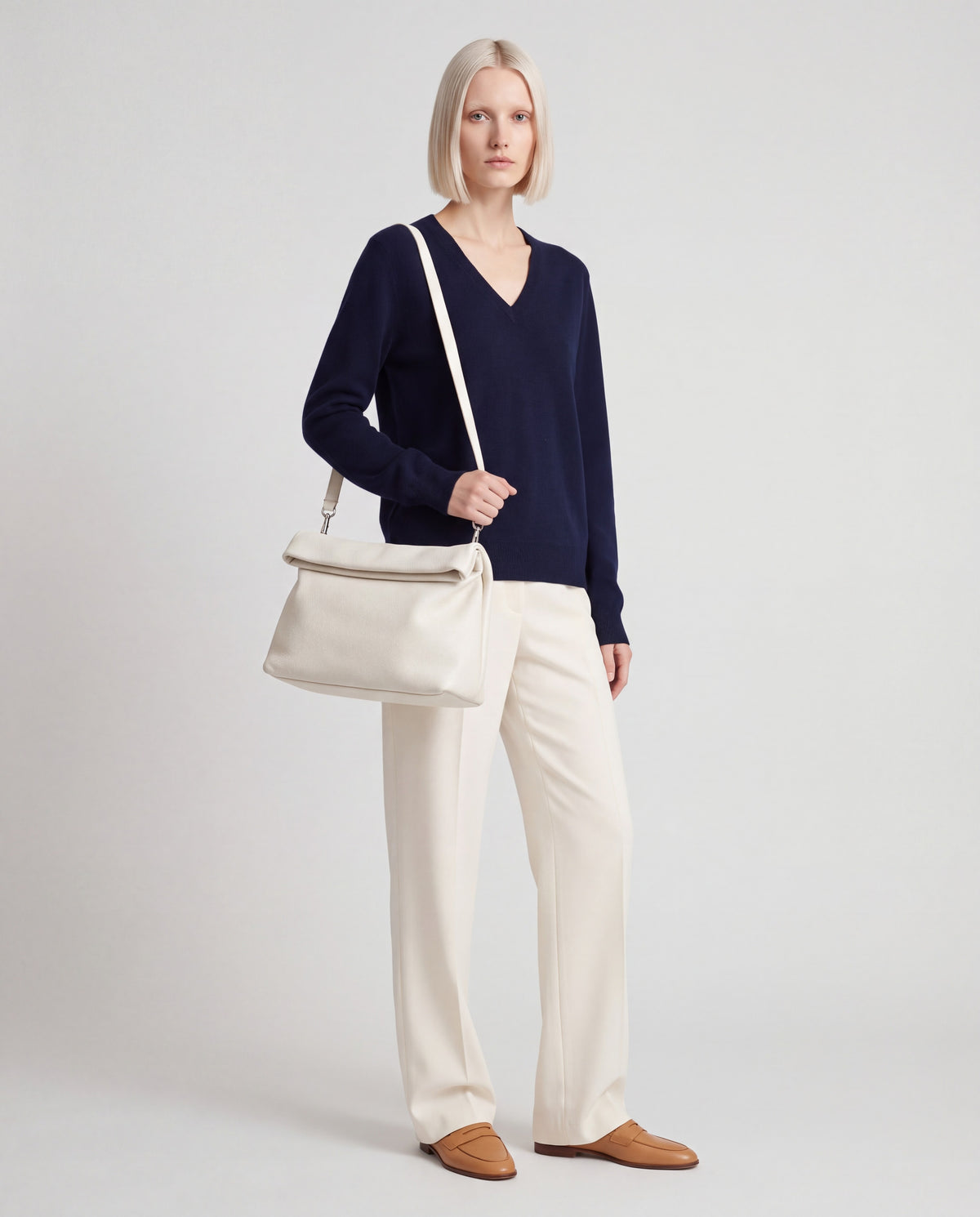 Lido bag in White – worn by model, full length