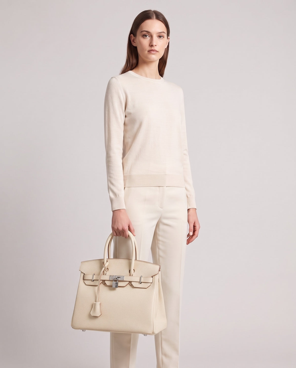 Lock Large leather top-handle bag in Cream – model holding it, full length