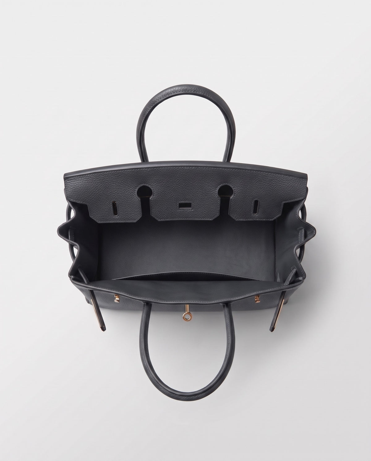 Lock Medium leather top-handle bag in Charcoal – inside view showing the leather lining