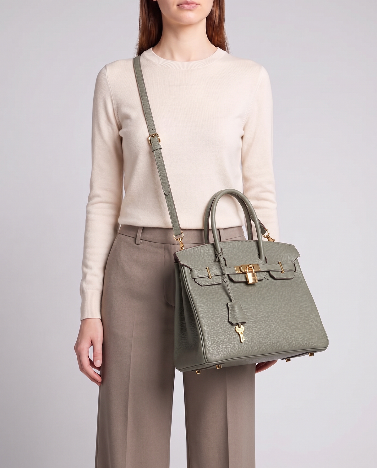 Lock Small leather top-handle bag in Celadon – model wearing it crossbody on the detachable shoulder strap