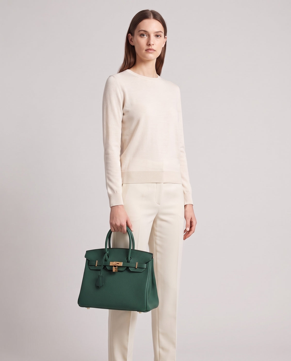 Lock Small leather top-handle bag in Emerald – model holding it, full length