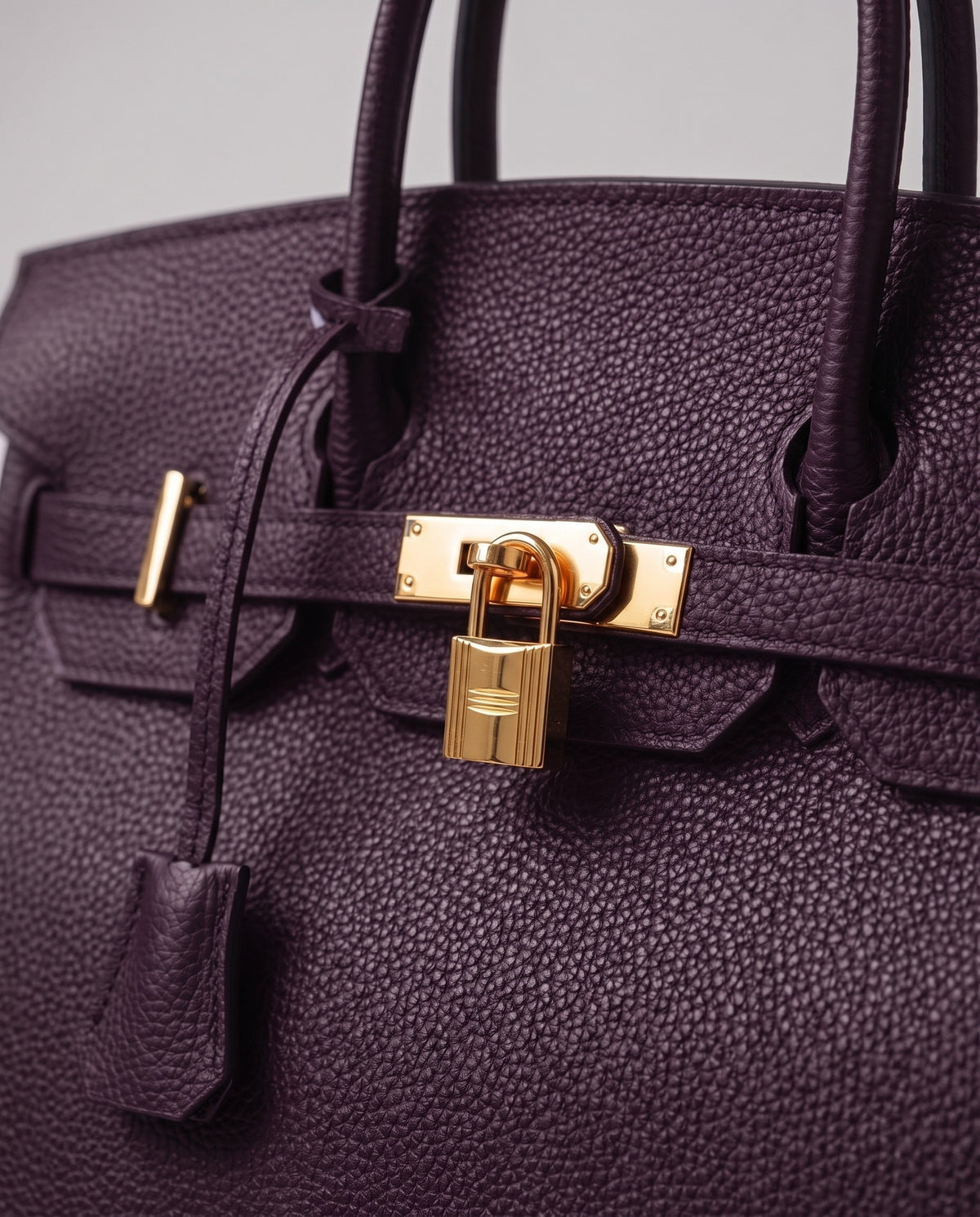 Lock Small leather top-handle bag in Purple – close-up of the gold turn-lock and padlock