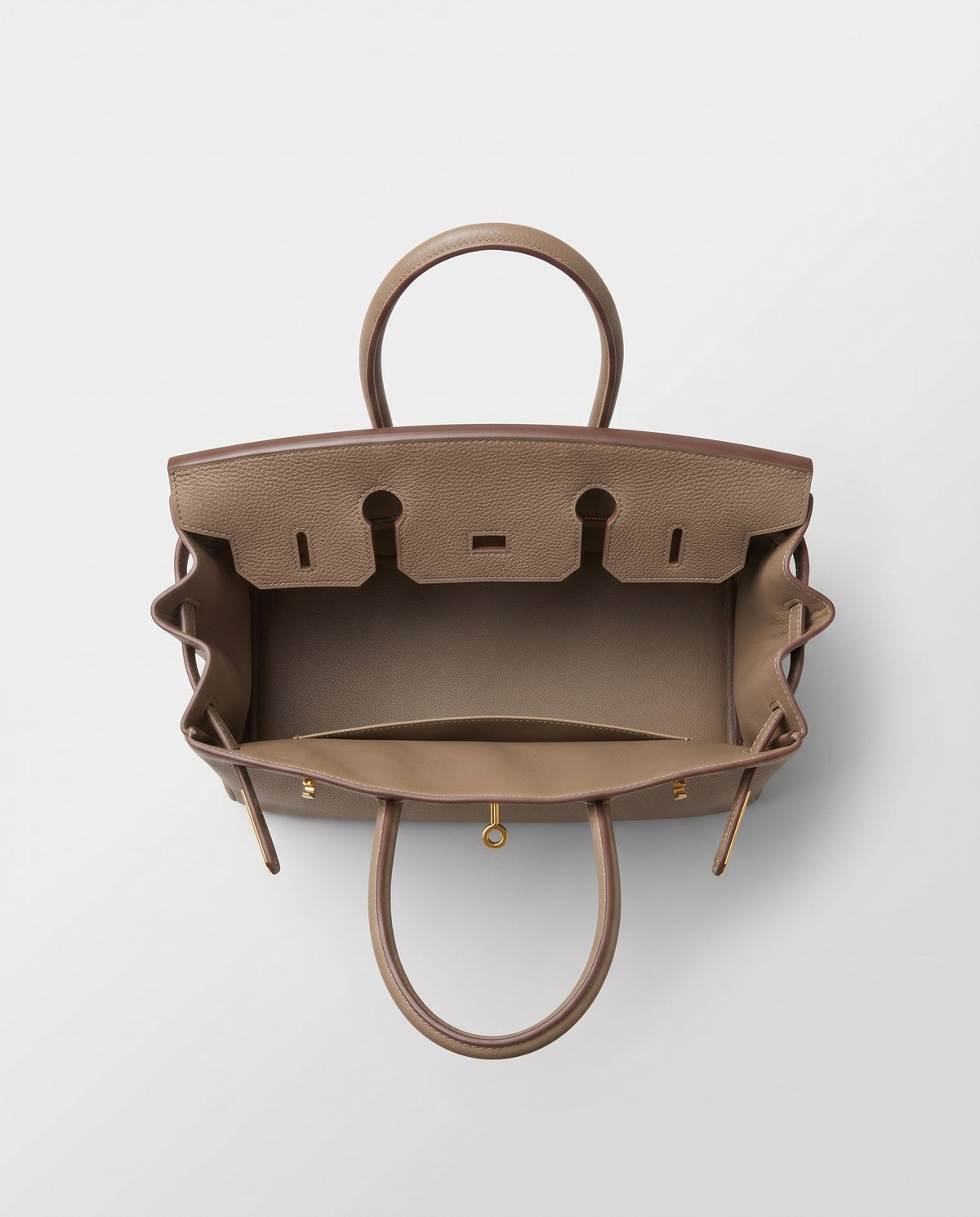 Lock Small leather top-handle bag in Taupe – inside view showing the leather lining