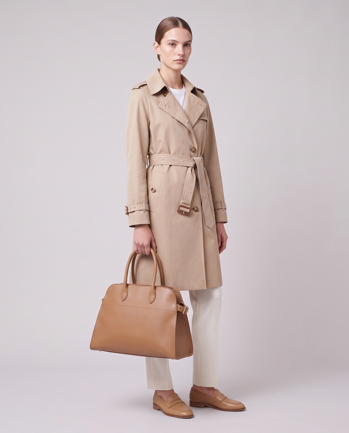 Model carrying the Milano Large bag in Camel leather – full length