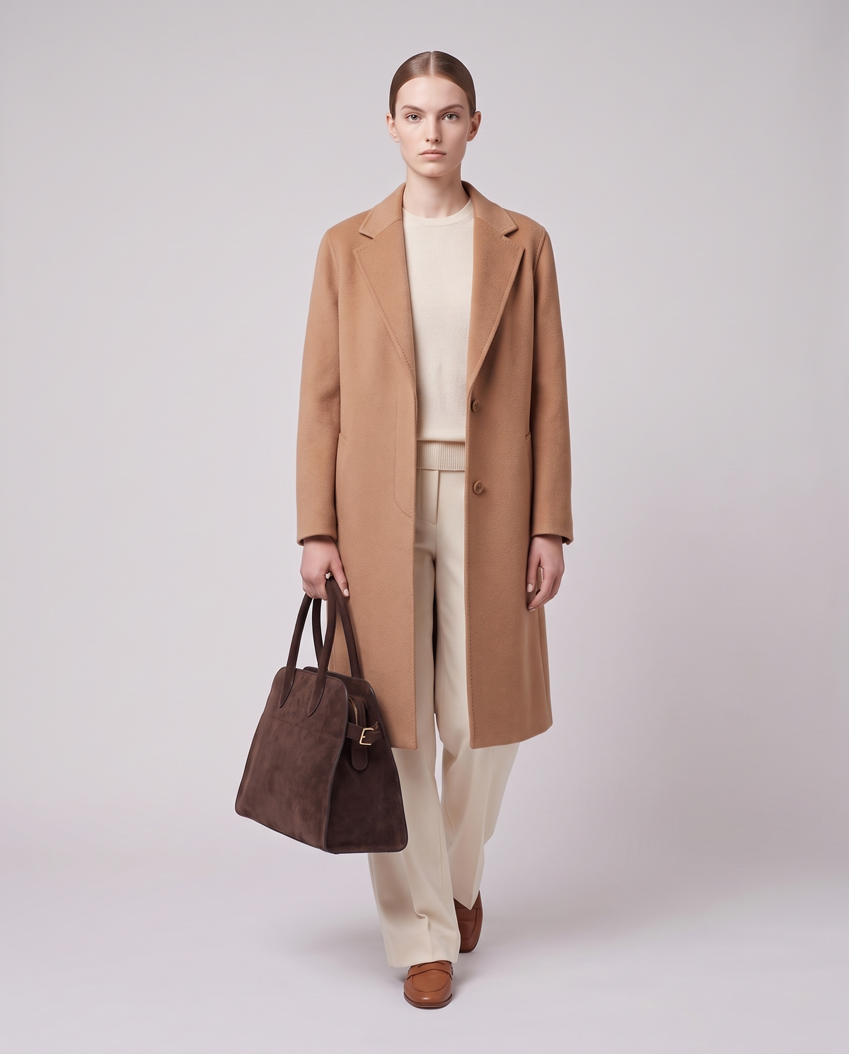 Model carrying the Milano Large bag in Espresso brown suede – full length