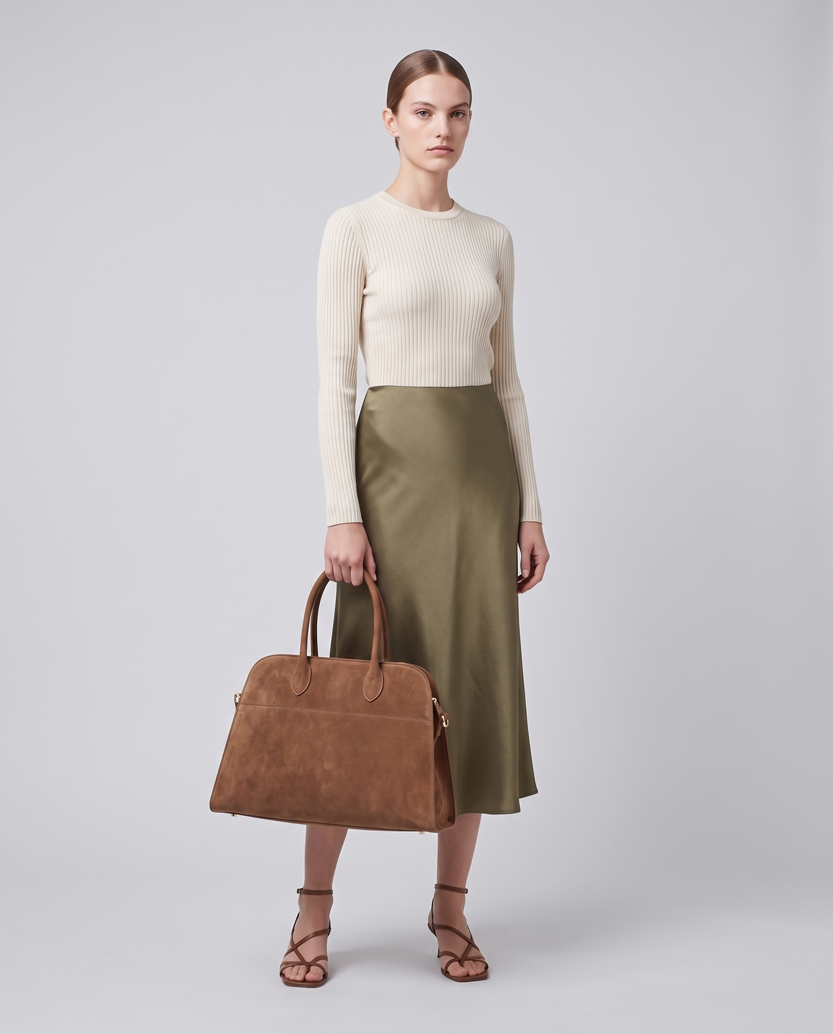 Model carrying the Milano Large bag in Mocha suede – full length
