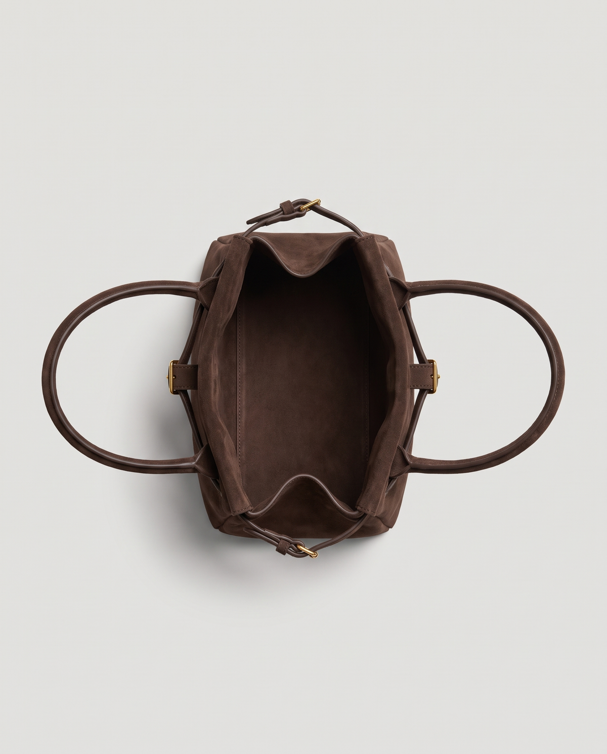 Milano Small top-handle bag in Chocolate suede – view from above into the open bag