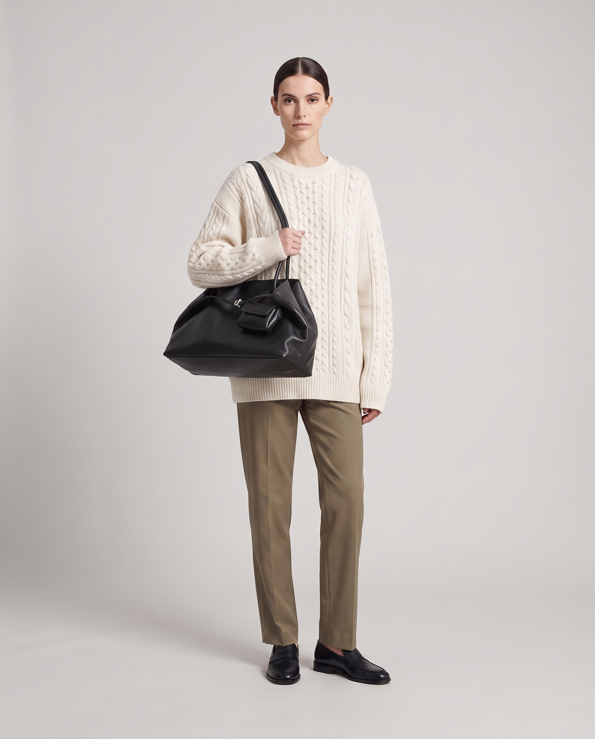 Nido leather tote in Black – model wearing it on her shoulder, full length
