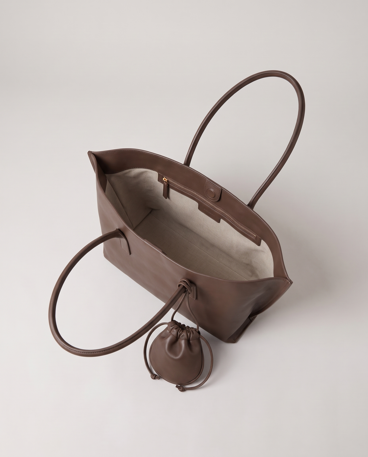Noce tote in mocha, open showing interior