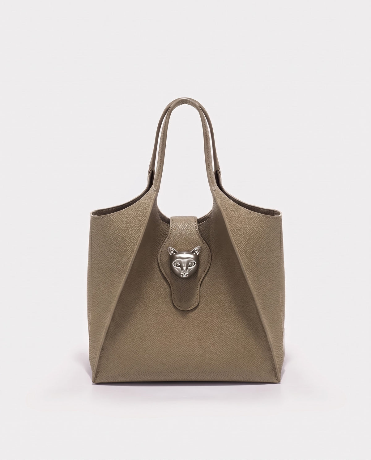 Onda leather tote with cat clasp in Taupe – front view