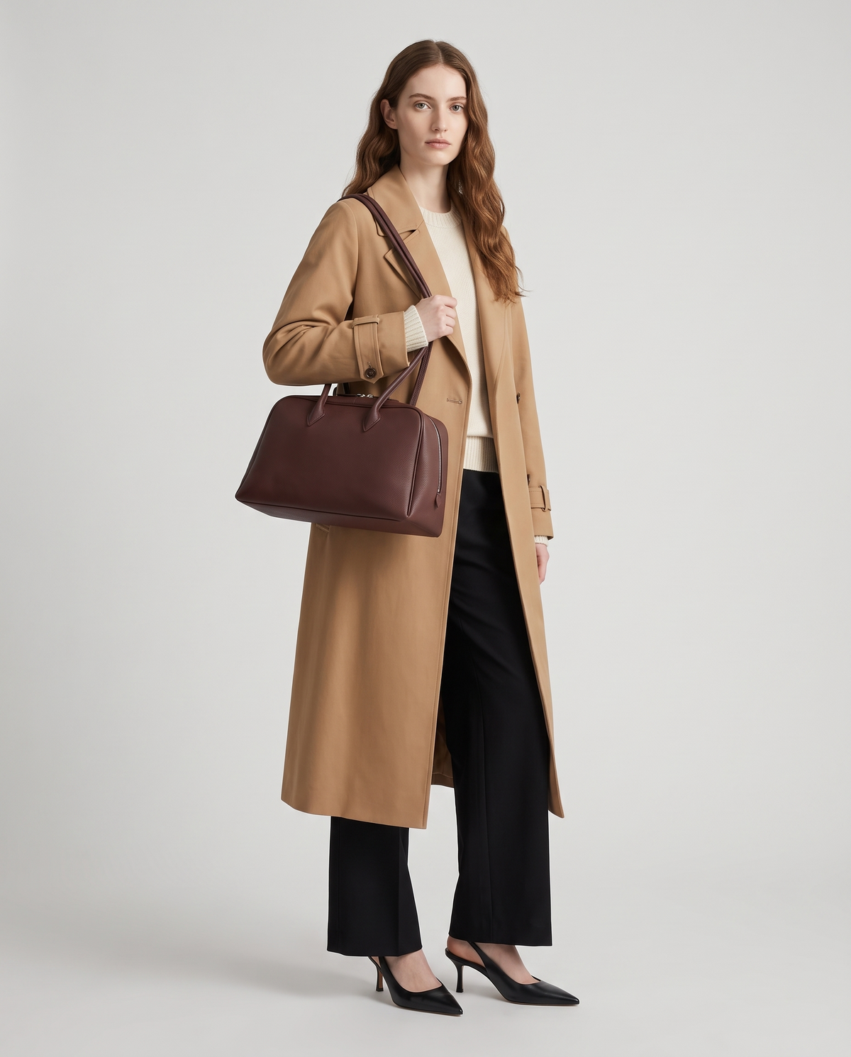 Ora Small leather shoulder bag in Chocolate – model wearing it on her shoulder, full length