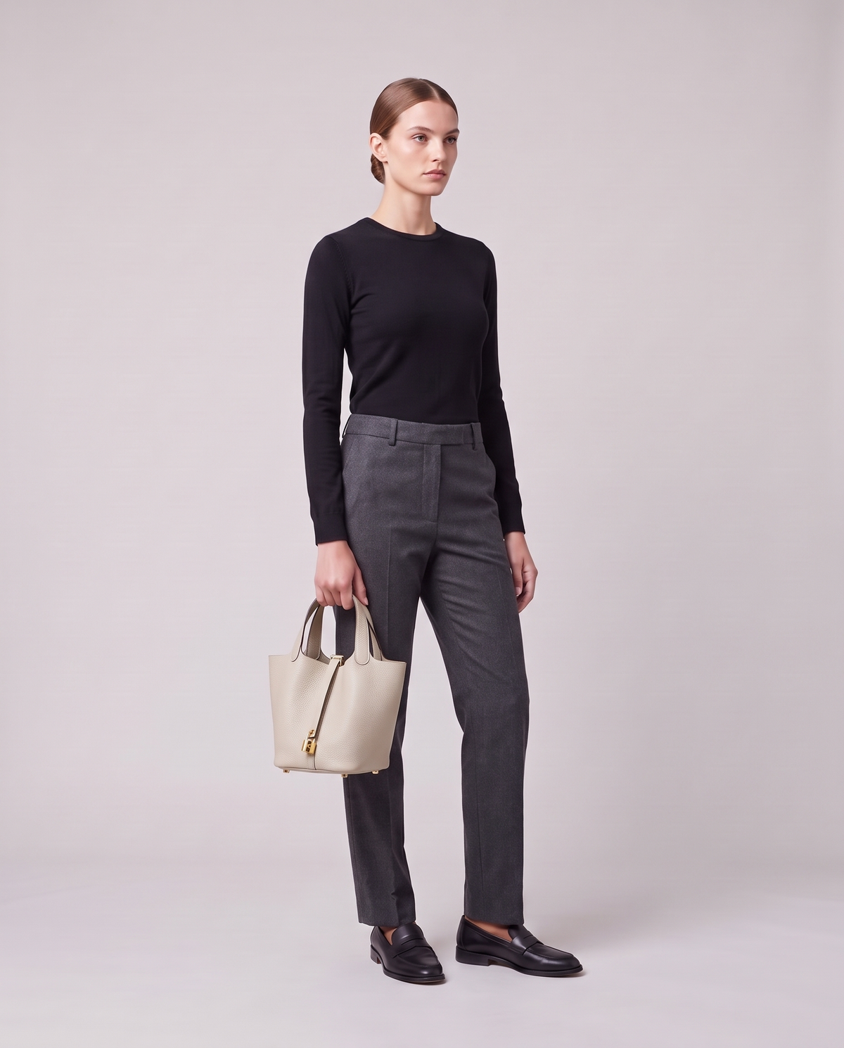 Model holding the Valentina Ostuni Small bag in Pearl, full length