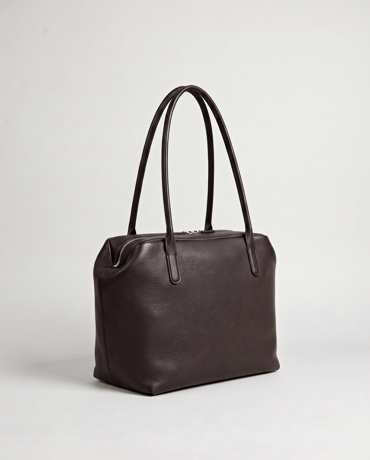 Pavia leather tote in Chocolate – three-quarter view