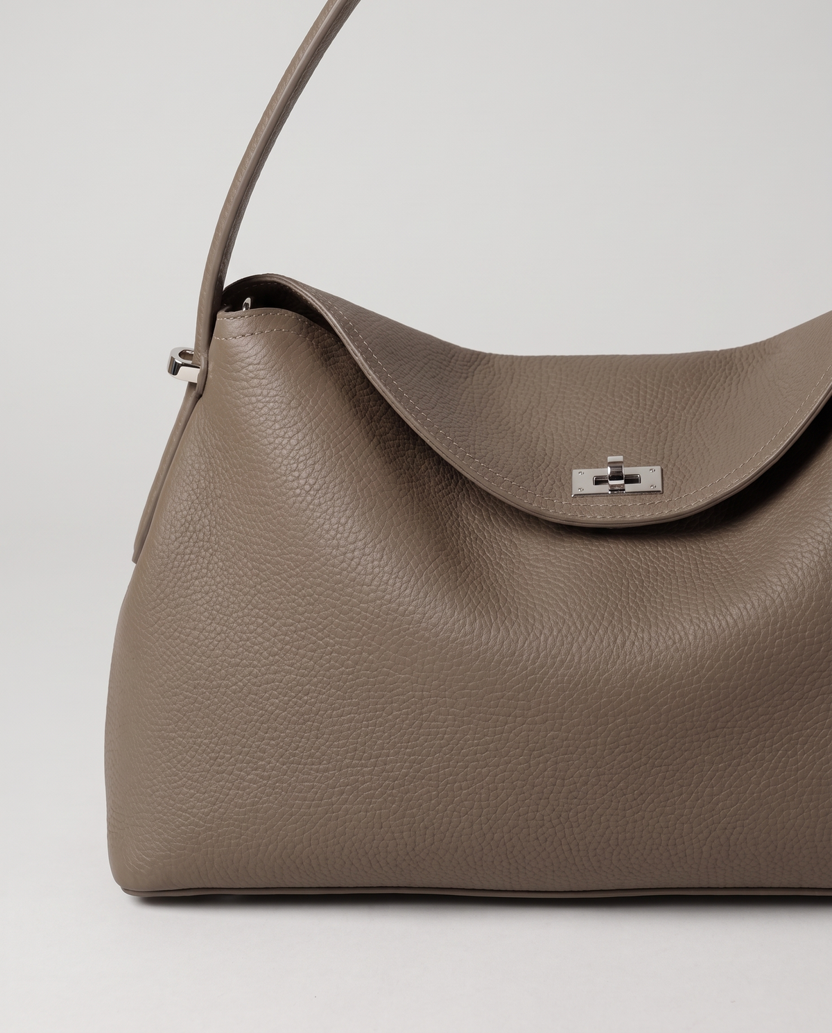 Porto top-handle bag in taupe, silver twist-lock and pebbled leather detail