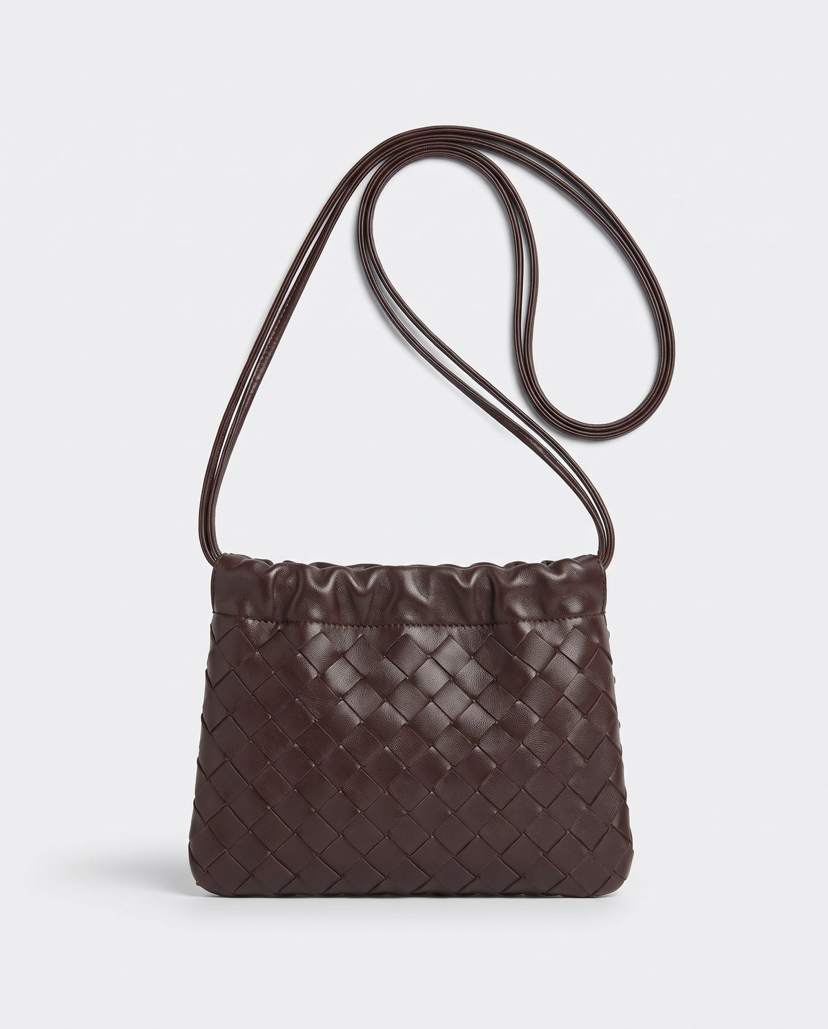Serata woven leather clutch in Espresso – back view showing the woven leather