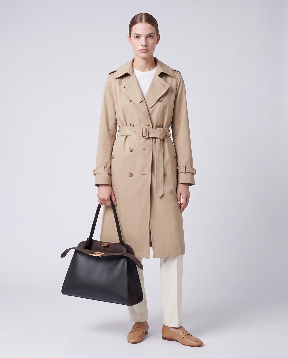 Model carrying the Siracusa leather bag in Black – full length