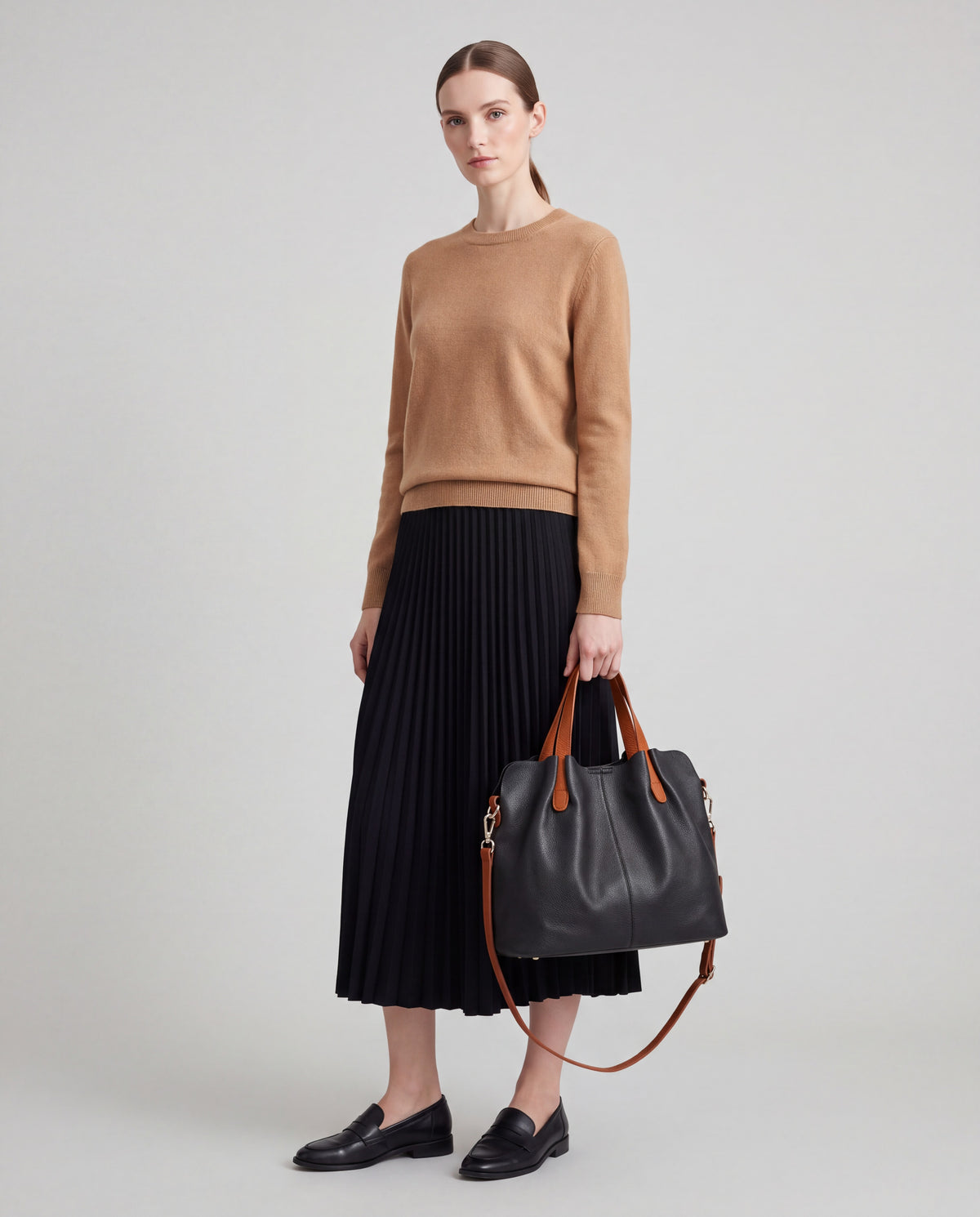 Soft Leather Tote Bag bag in Black – worn by model, full length