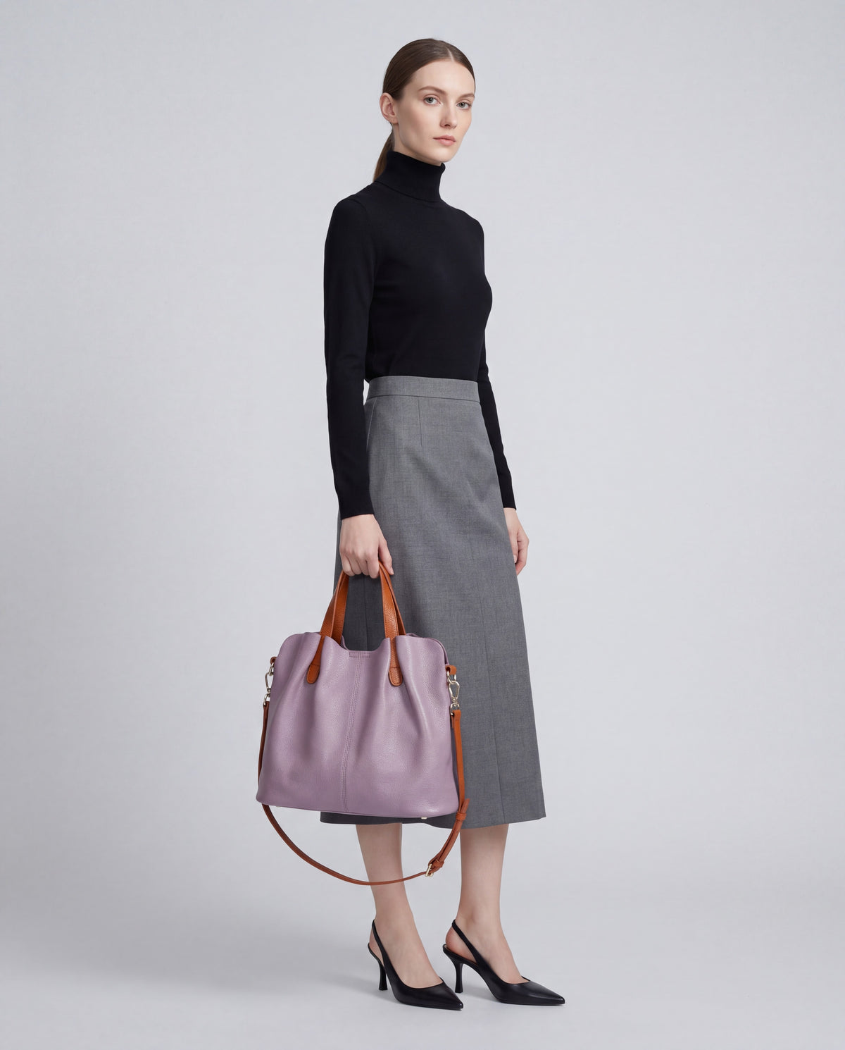 Soft Leather Tote Bag bag in Lavender – worn by model, full length