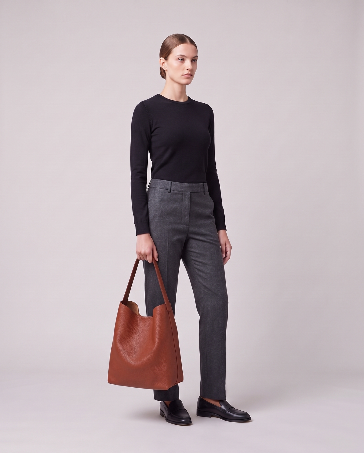 Model holding the Valentina Tela Large bag in Rust, full length