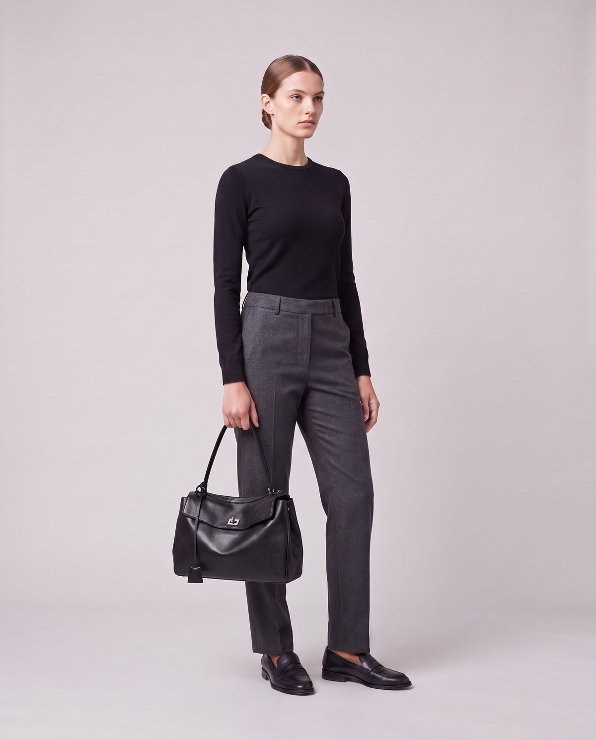 Model holding the Valentina Tinto Large bag in Onyx, full length