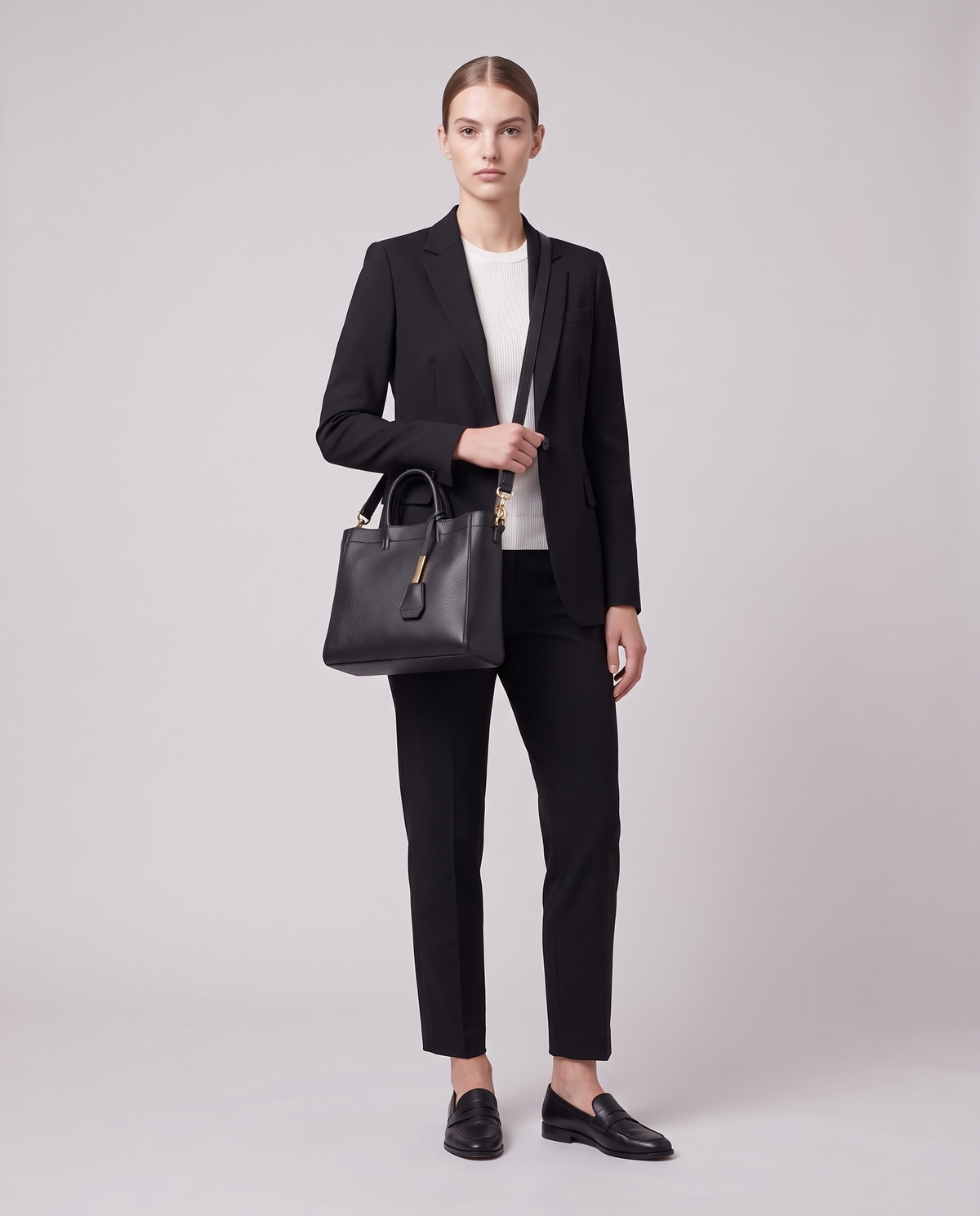 Model carrying the Torre small leather tote in Black – full length