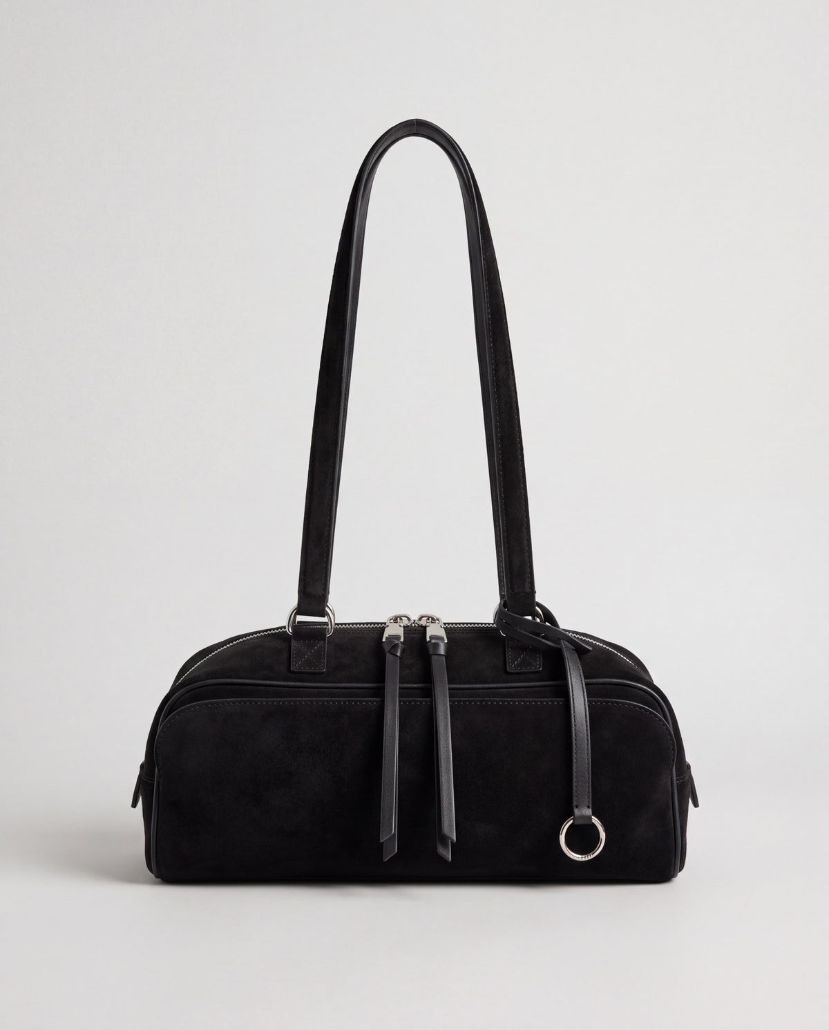 Valentina Linea east-west suede shoulder bag in Black, front view