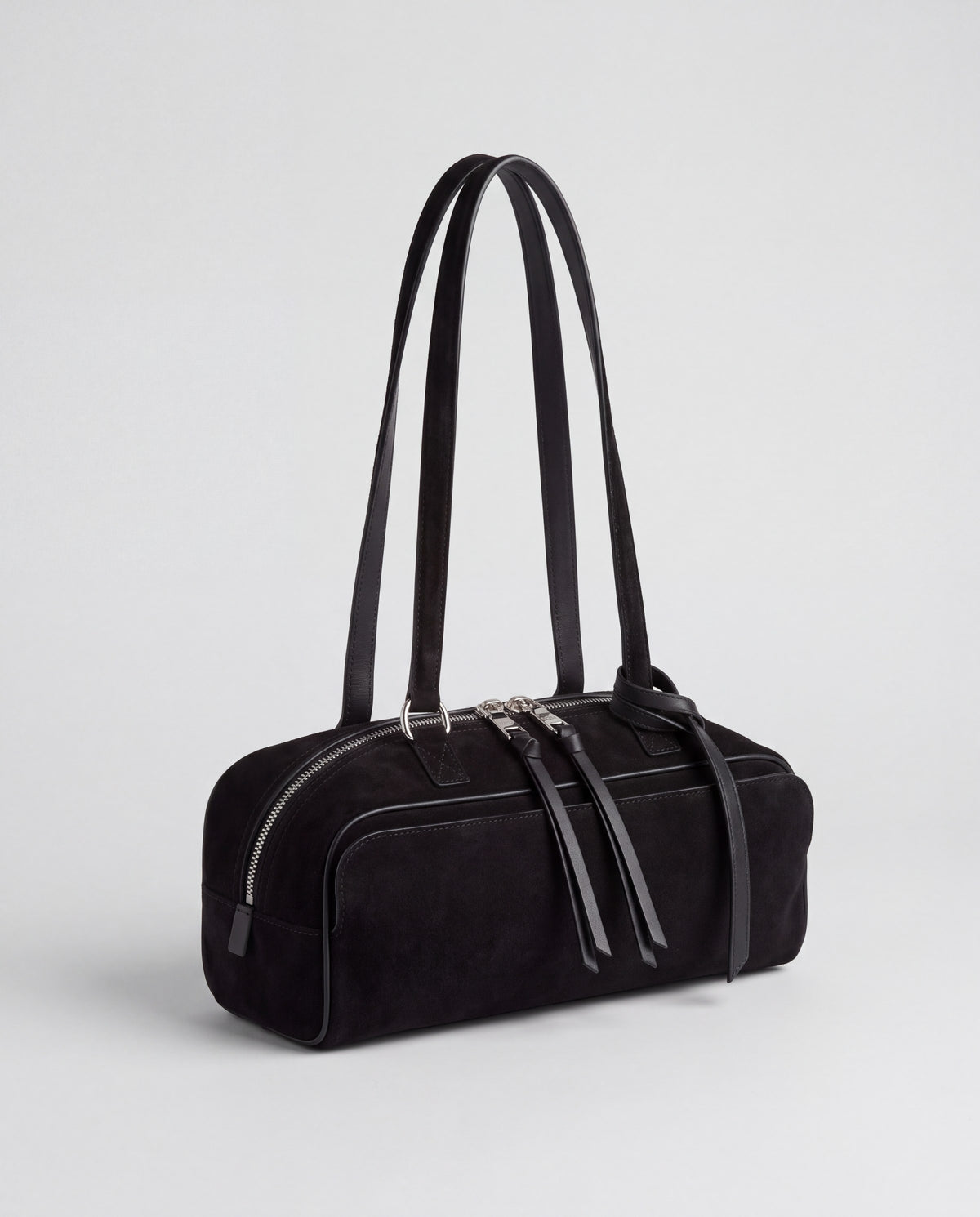 Valentina Linea east-west suede shoulder bag in Black, side view