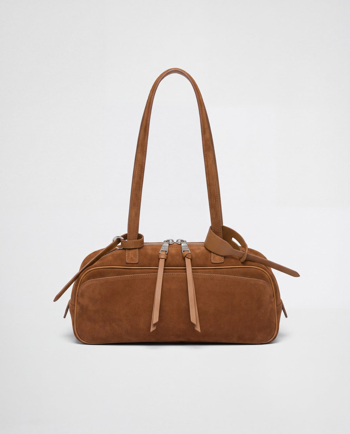 Valentina Linea east-west suede shoulder bag in Brown, front view