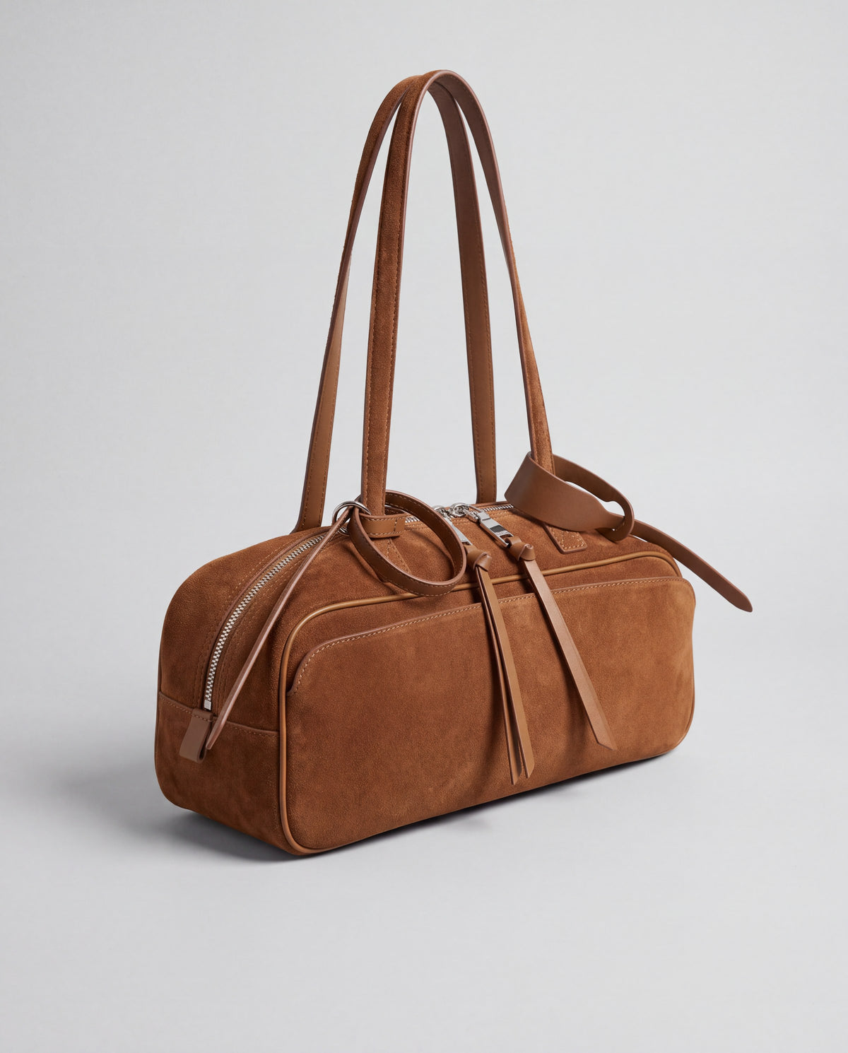 Valentina Linea east-west suede shoulder bag in Brown, side view