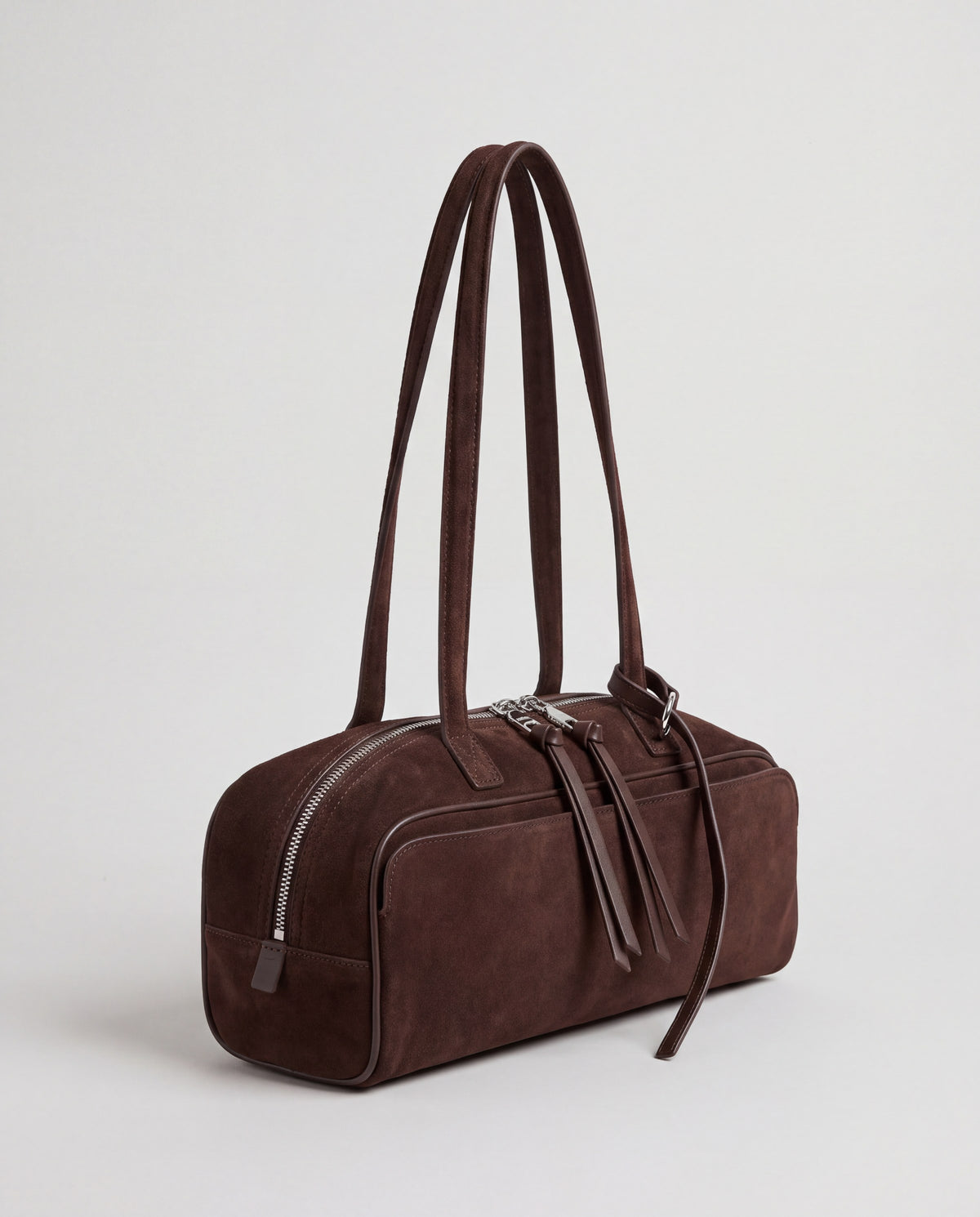 Valentina Linea east-west suede shoulder bag in Chocolate, side view