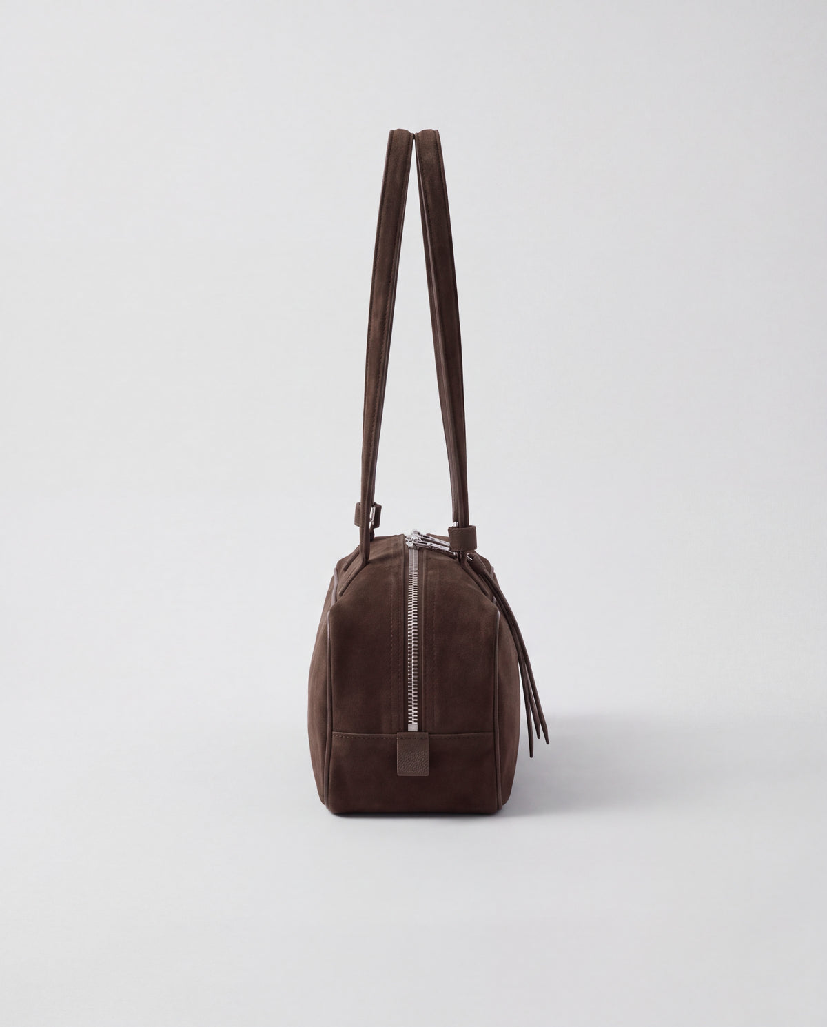 Valentina Linea suede shoulder bag in Chocolate, side view showing the end zip