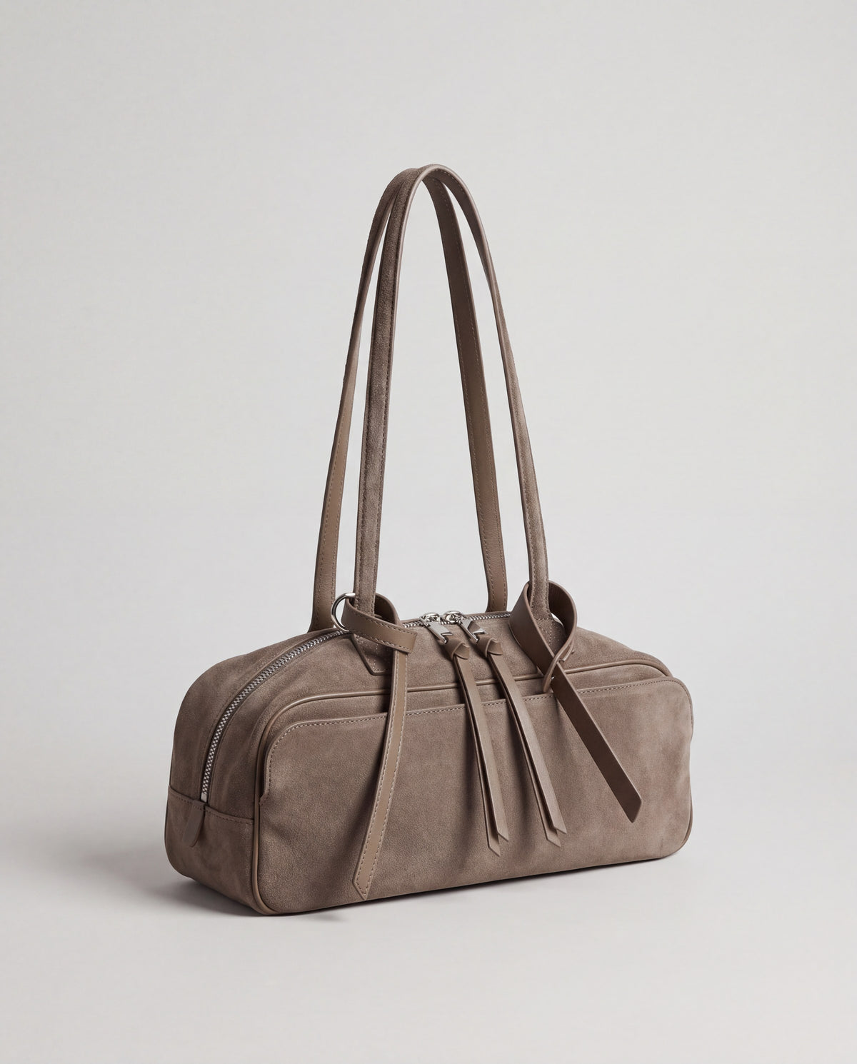 Valentina Linea east-west suede shoulder bag in Taupe, front view