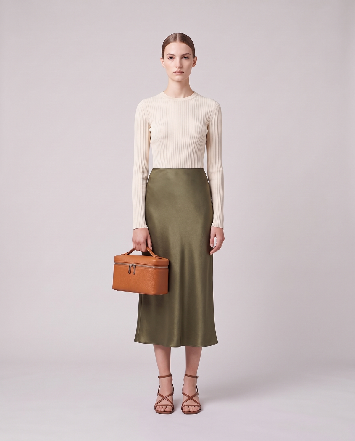 Model holding the Valentina Orvieto Small top-handle bag in Cognac leather, full length