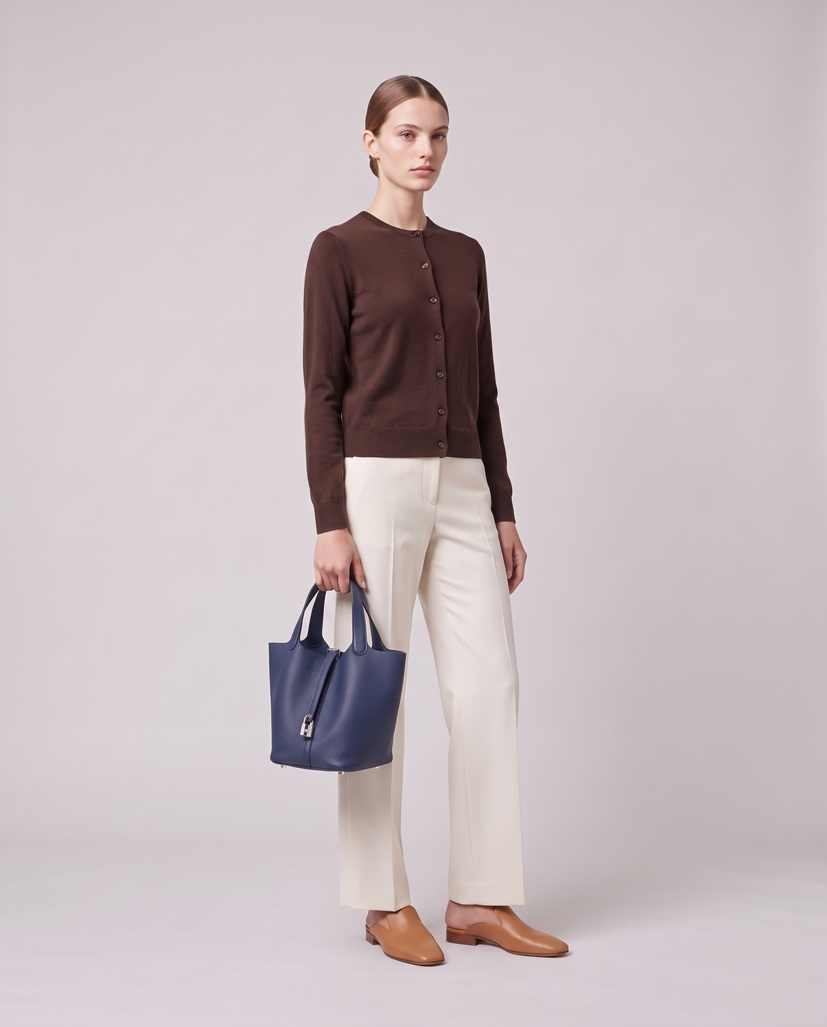 Model holding the Valentina Ostuni Large bag in Navy, full length