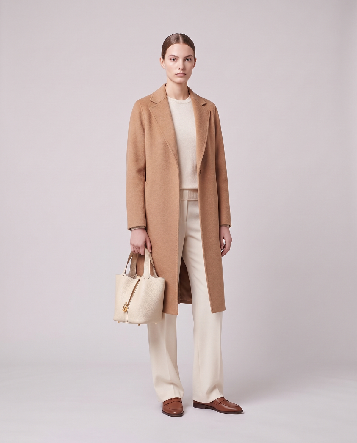 Model holding the Valentina Ostuni Small bag in Cream, full length